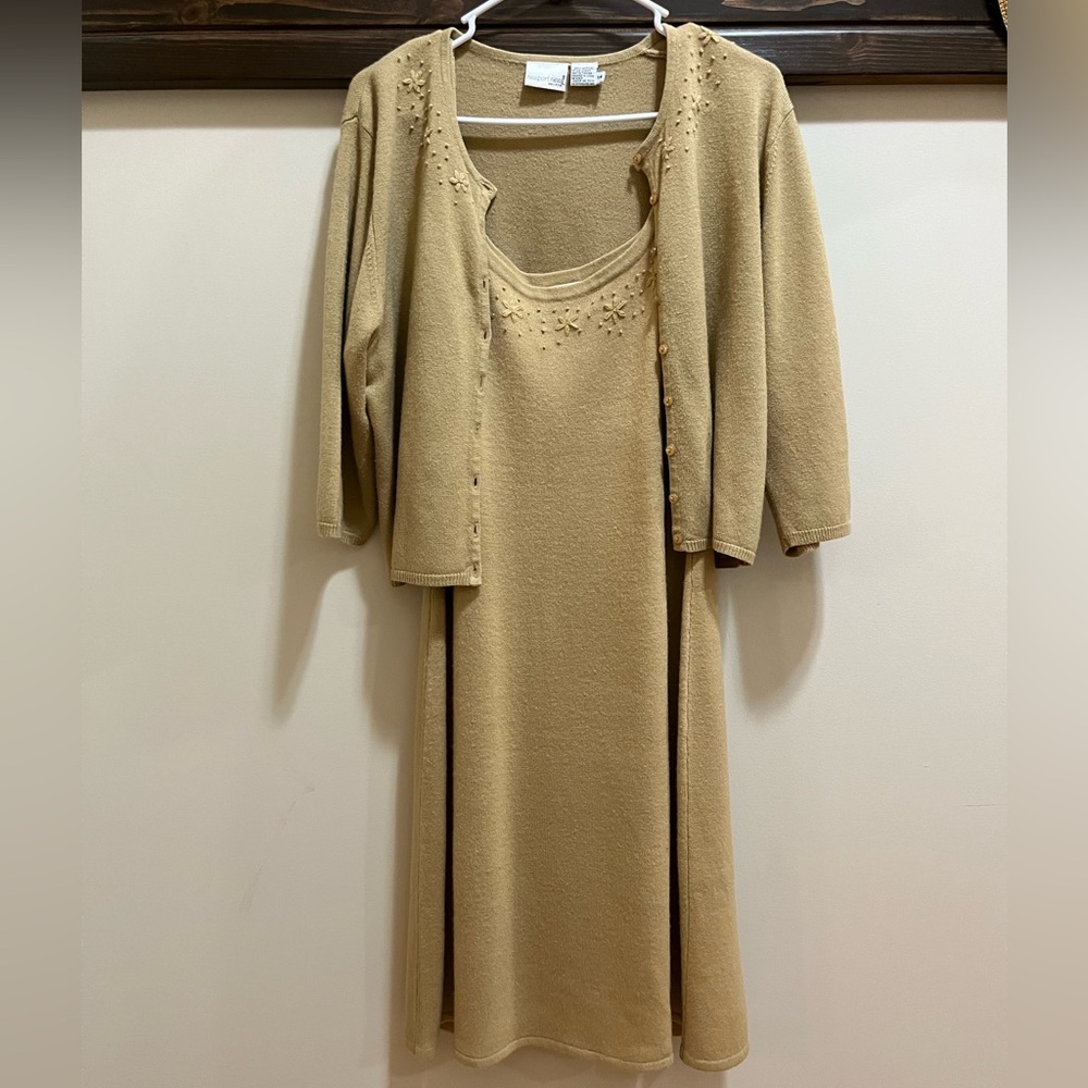 Vintage Y2K Tan Sweater Knit Tank Midi Dress w/ Cardigan US 14